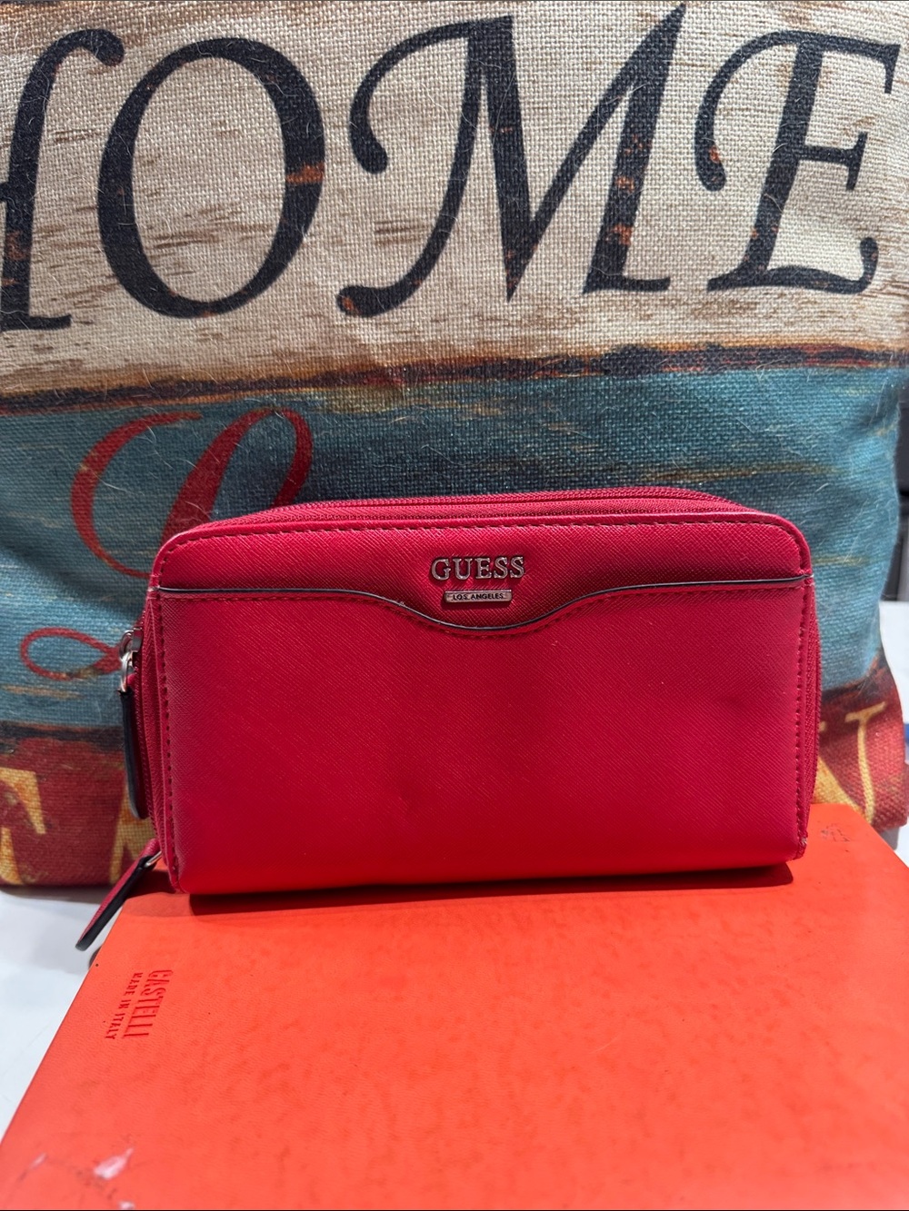 GUESS Red Women's Zip-Around Fabric Wallet with Logo Plate